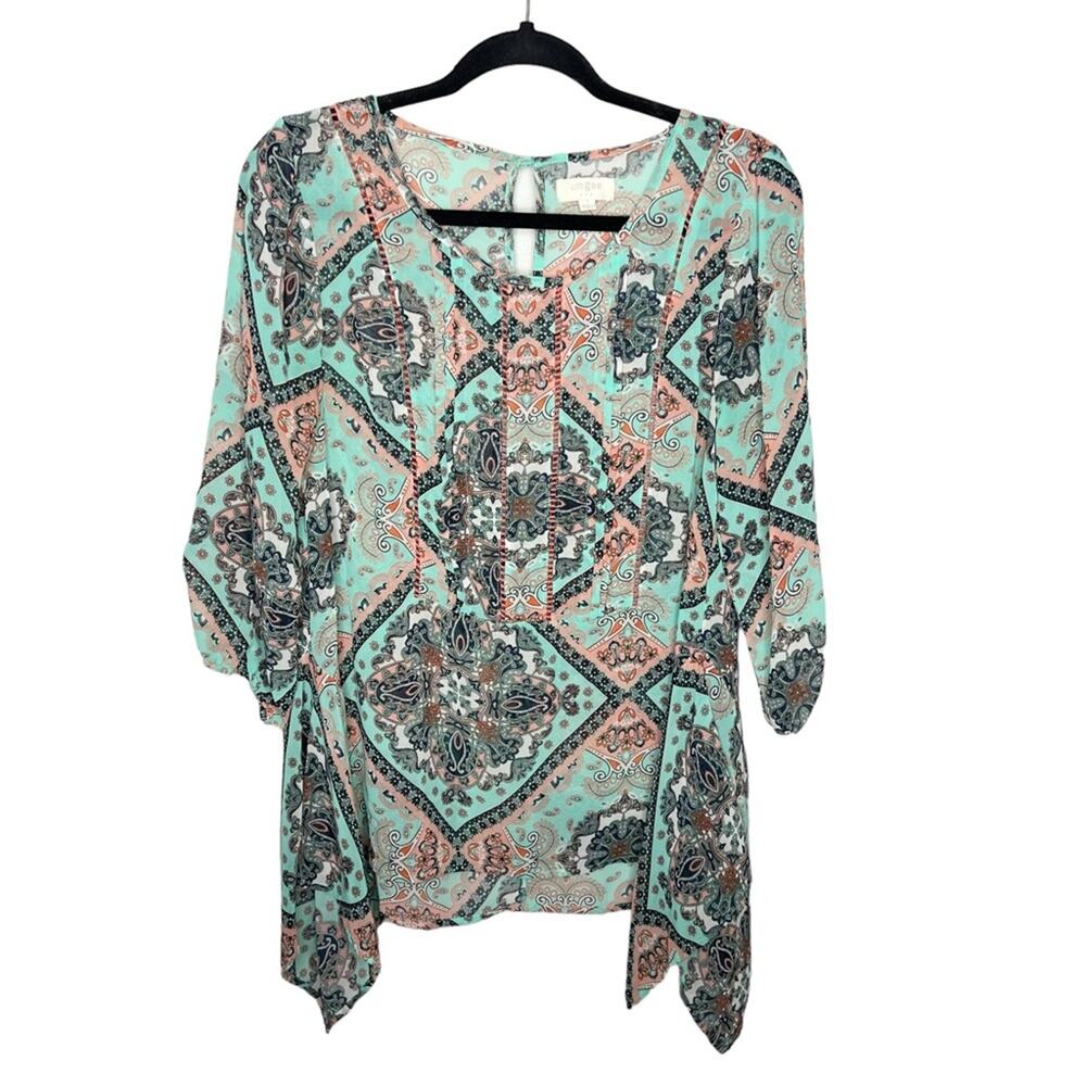 UMGEE / mint teal green pink paisley boho printed sheer tunic top / S